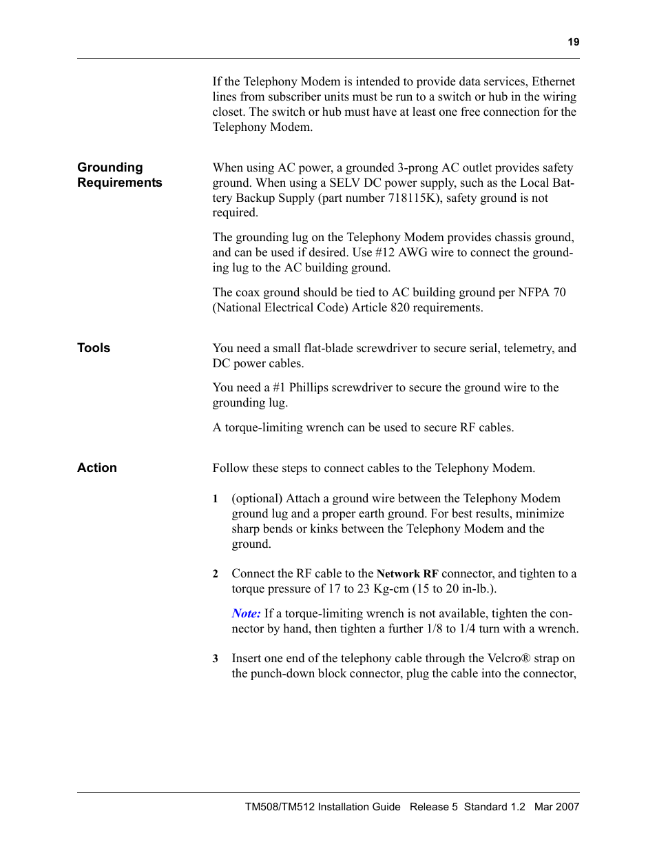 Grounding requirements, Tools, Action | Action 19 | ARRIS TM508 Installation Guide User Manual | Page 29 / 42