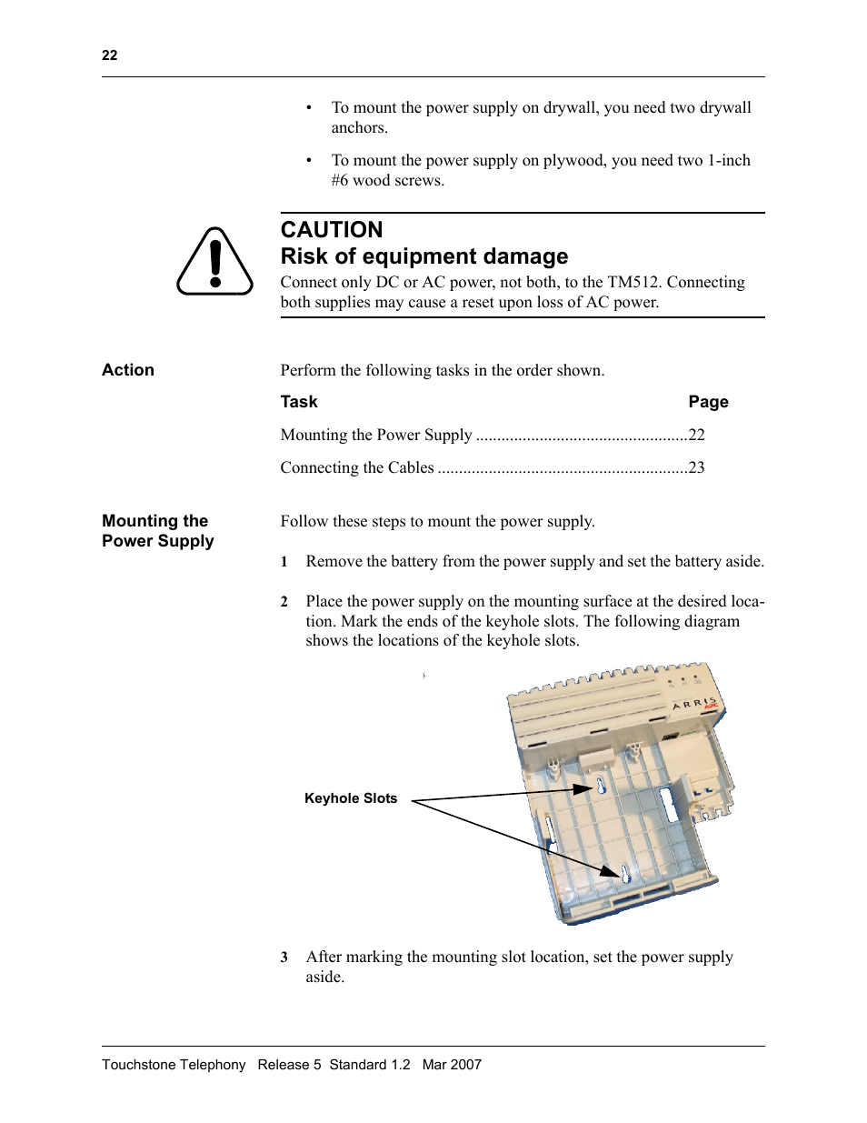 Mounting the power supply, Mounting the power supply 22, Caution risk of equipment damage | ARRIS TM508 Installation Guide User Manual | Page 32 / 42