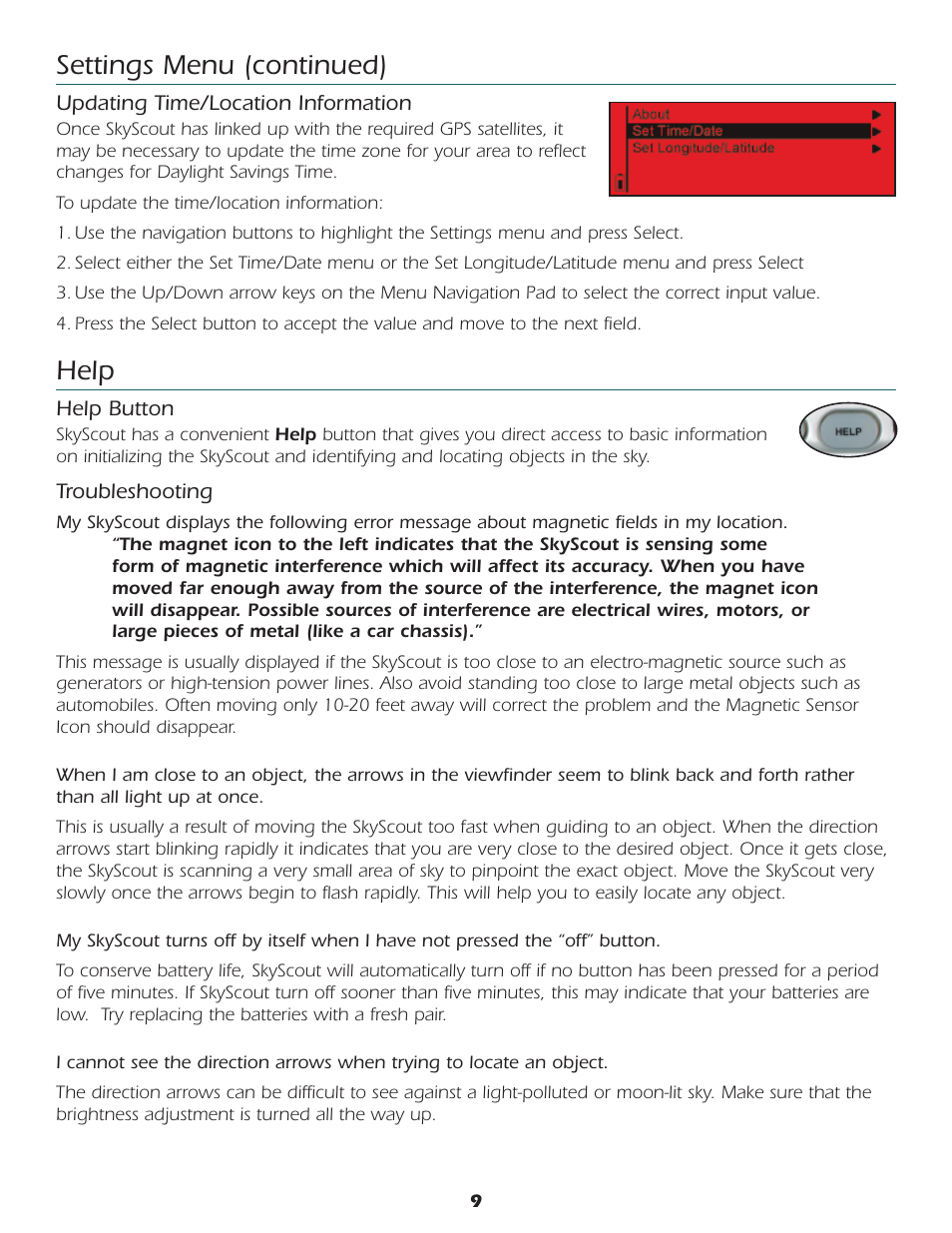 Help, Settings menu (continued) | Celestron SkyScout car gps receiver User Manual | Page 10 / 15