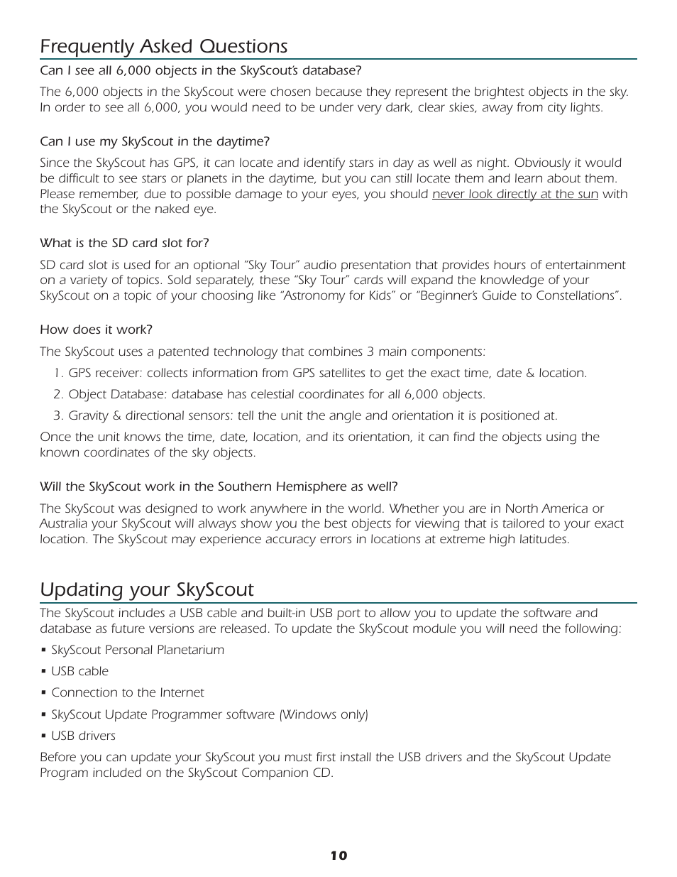 Updating your skyscout, Frequently asked questions | Celestron SkyScout car gps receiver User Manual | Page 11 / 15