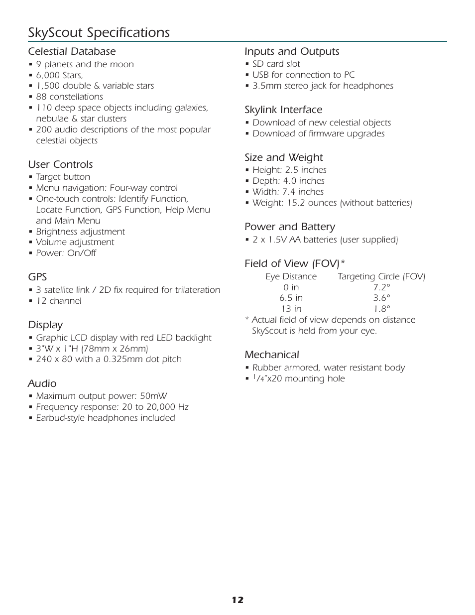 Skyscout specifications | Celestron SkyScout car gps receiver User Manual | Page 13 / 15