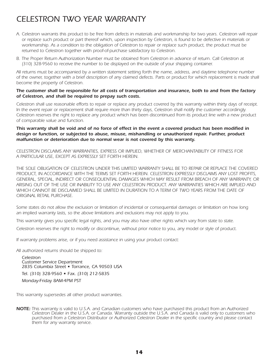 Celestron two year warranty | Celestron SkyScout car gps receiver User Manual | Page 15 / 15