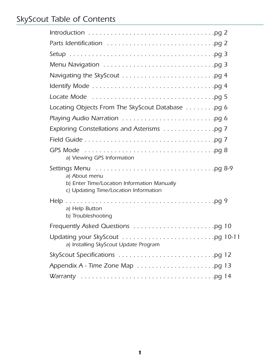 Skyscout table of contents | Celestron SkyScout car gps receiver User Manual | Page 2 / 15