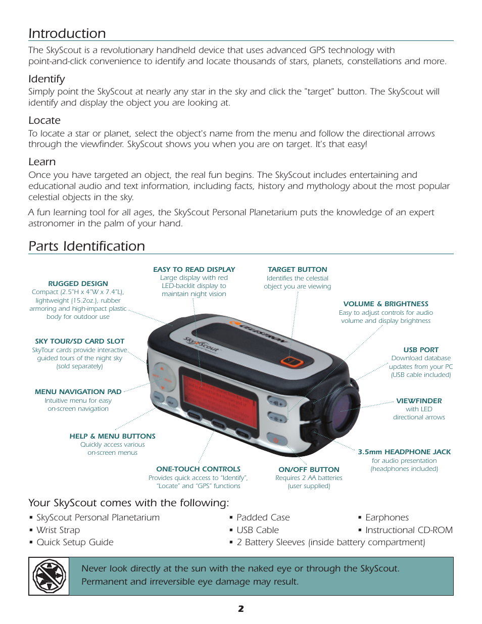 Parts identification, Introduction, Identify | Locate, Learn, Your skyscout comes with the following | Celestron SkyScout car gps receiver User Manual | Page 3 / 15