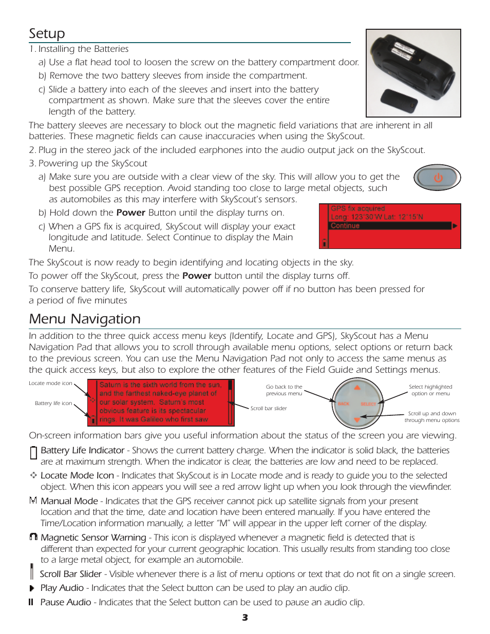 Setup, Menu navigation | Celestron SkyScout car gps receiver User Manual | Page 4 / 15