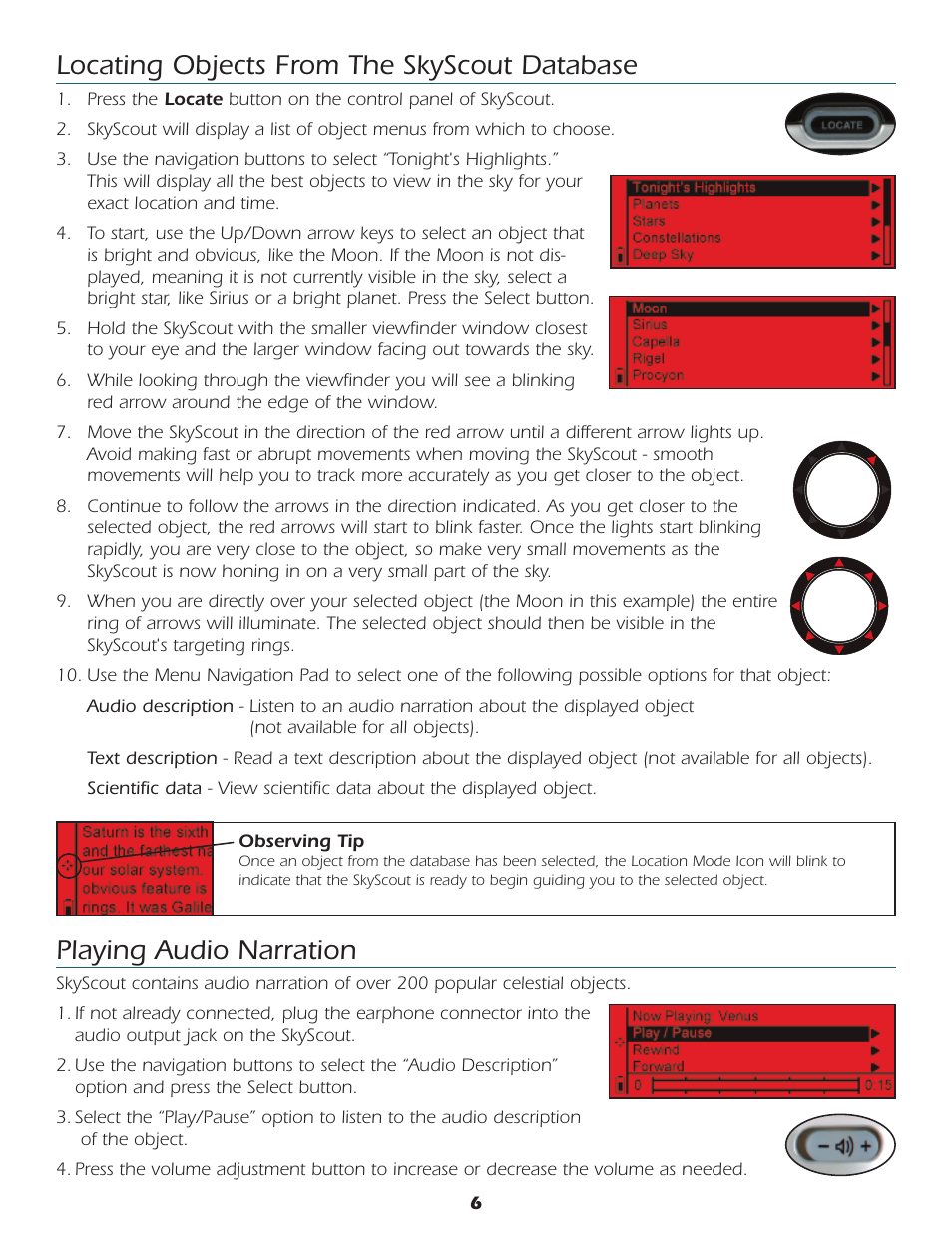 Locating objects from the skyscout database, Playing audio narration | Celestron SkyScout car gps receiver User Manual | Page 7 / 15