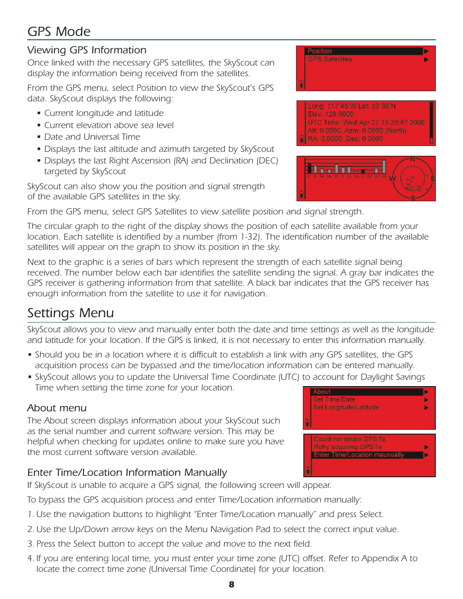 Settings menu, Gps mode | Celestron SkyScout car gps receiver User Manual | Page 9 / 15