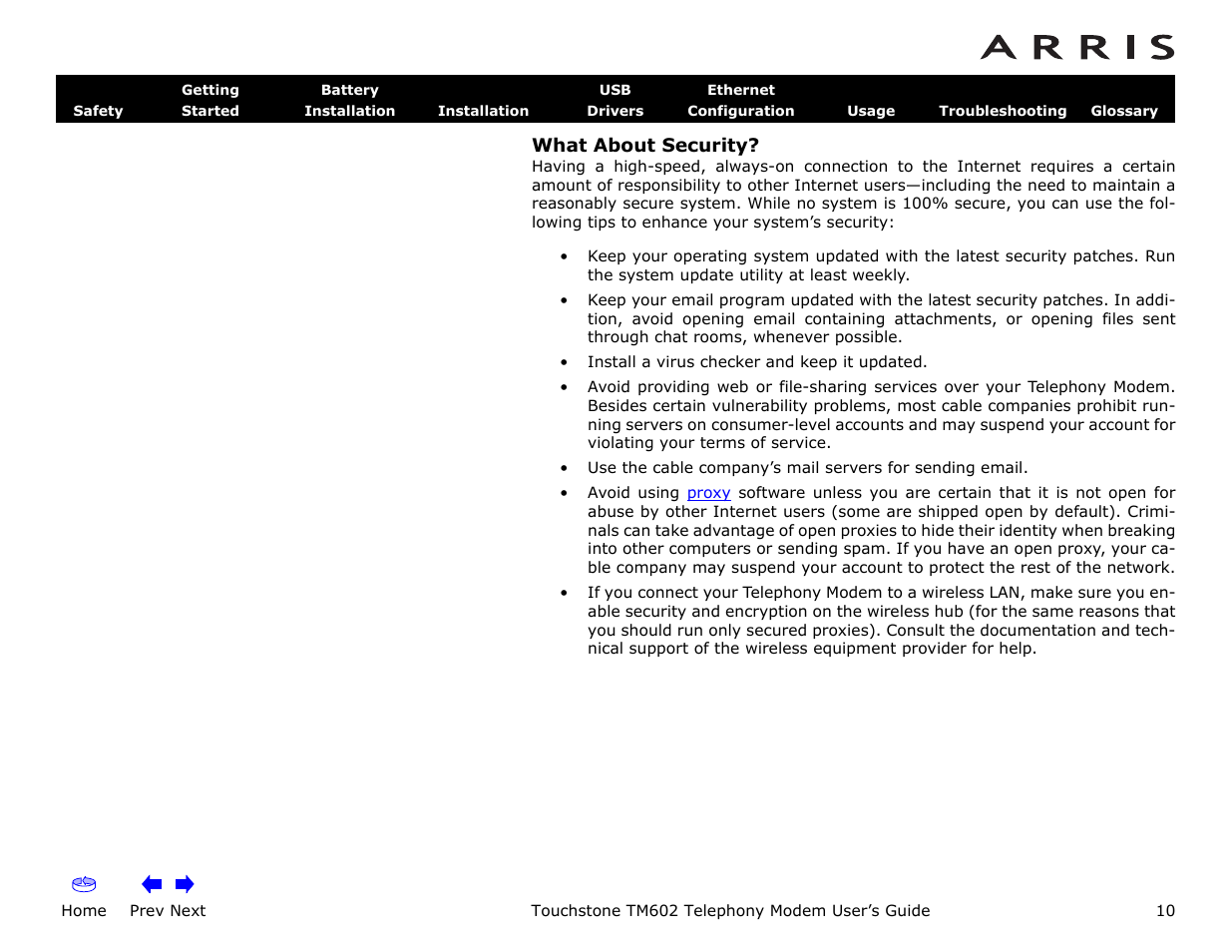 What about security, Home, Prev next | Touchstone tm602 telephony modem user’s guide | ARRIS TM602 User Guide User Manual | Page 10 / 74