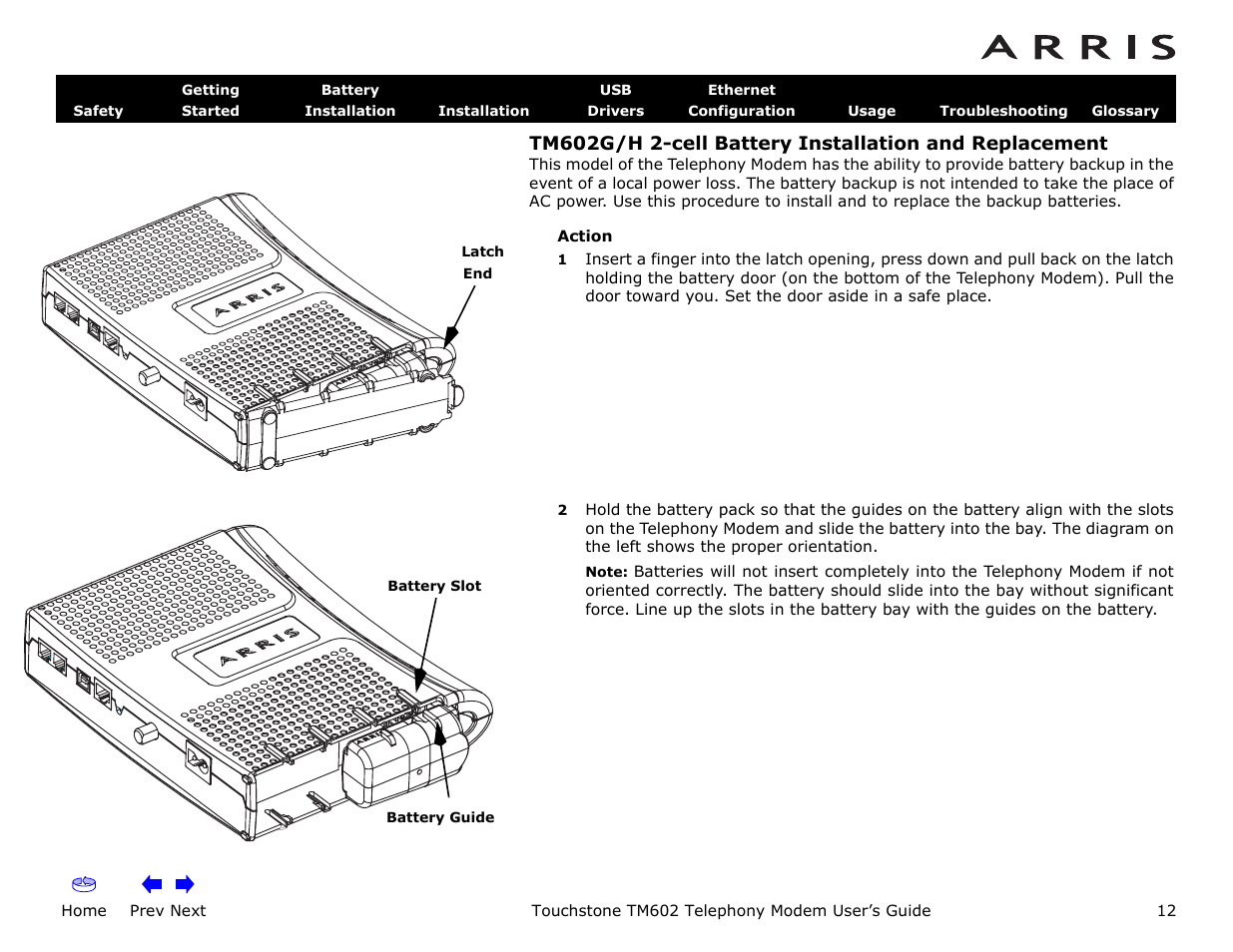 Home, Prev next, Touchstone tm602 telephony modem user’s guide | ARRIS TM602 User Guide User Manual | Page 12 / 74