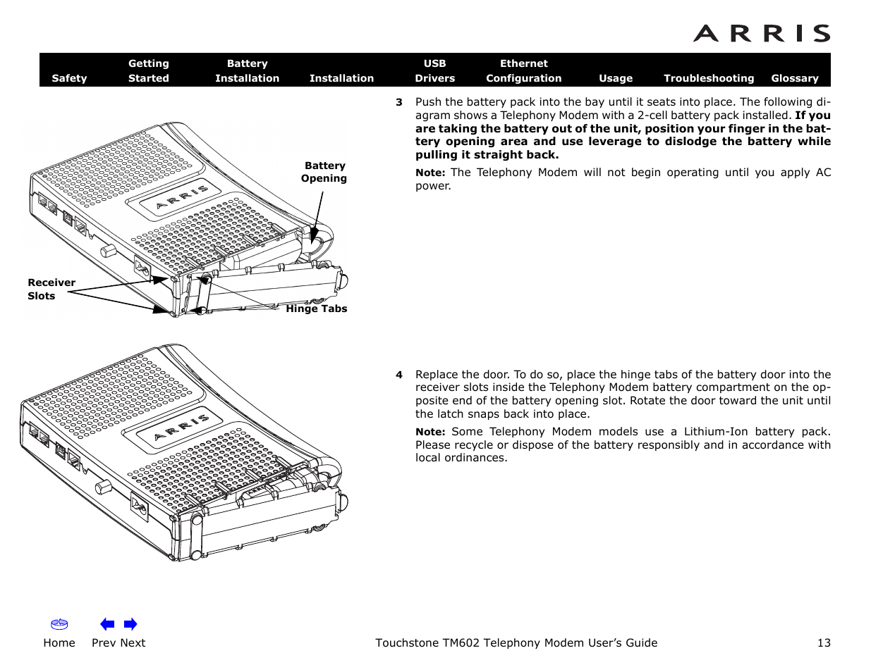 Home, Prev next, Touchstone tm602 telephony modem user’s guide | ARRIS TM602 User Guide User Manual | Page 13 / 74