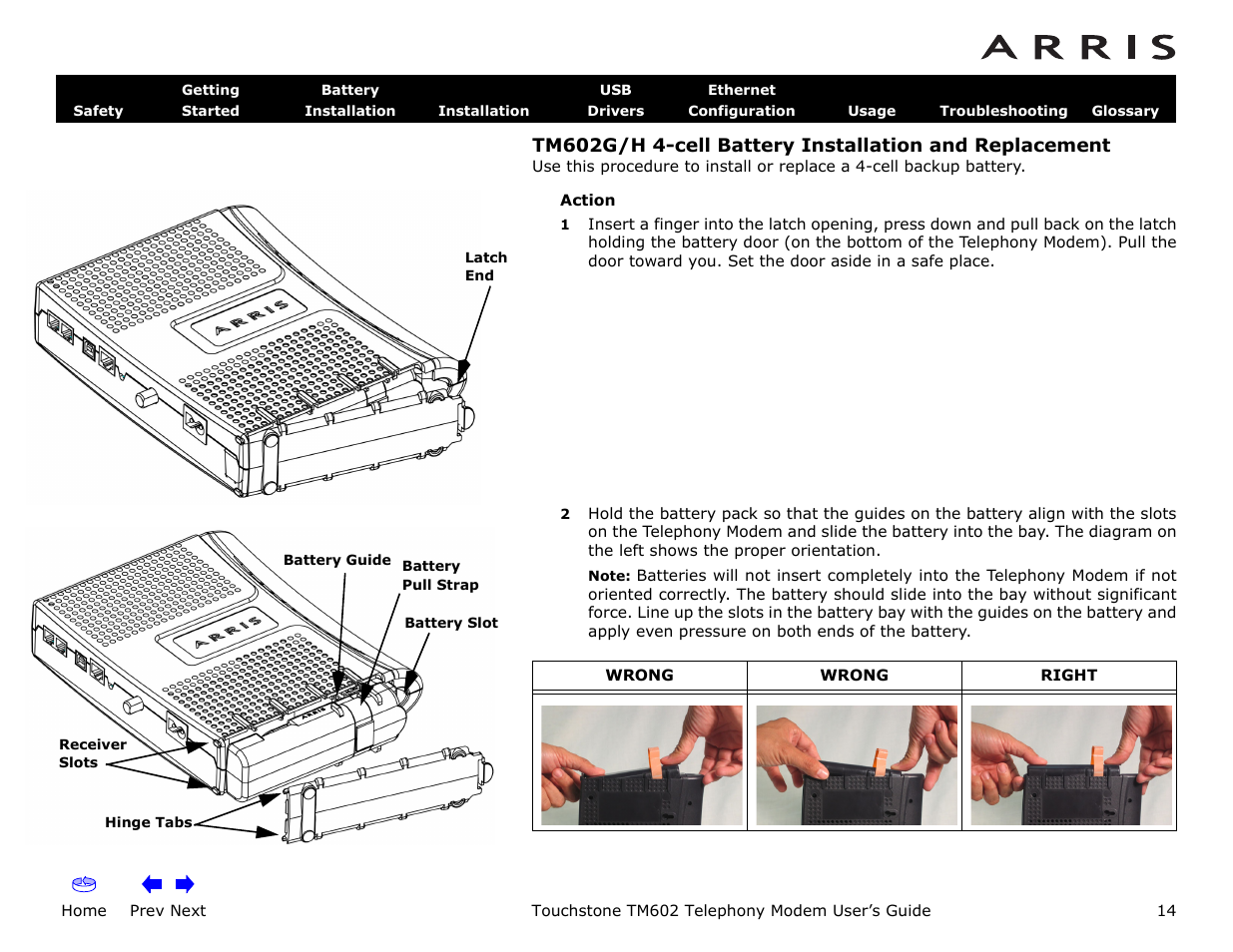 Home, Prev next, Touchstone tm602 telephony modem user’s guide | ARRIS TM602 User Guide User Manual | Page 14 / 74