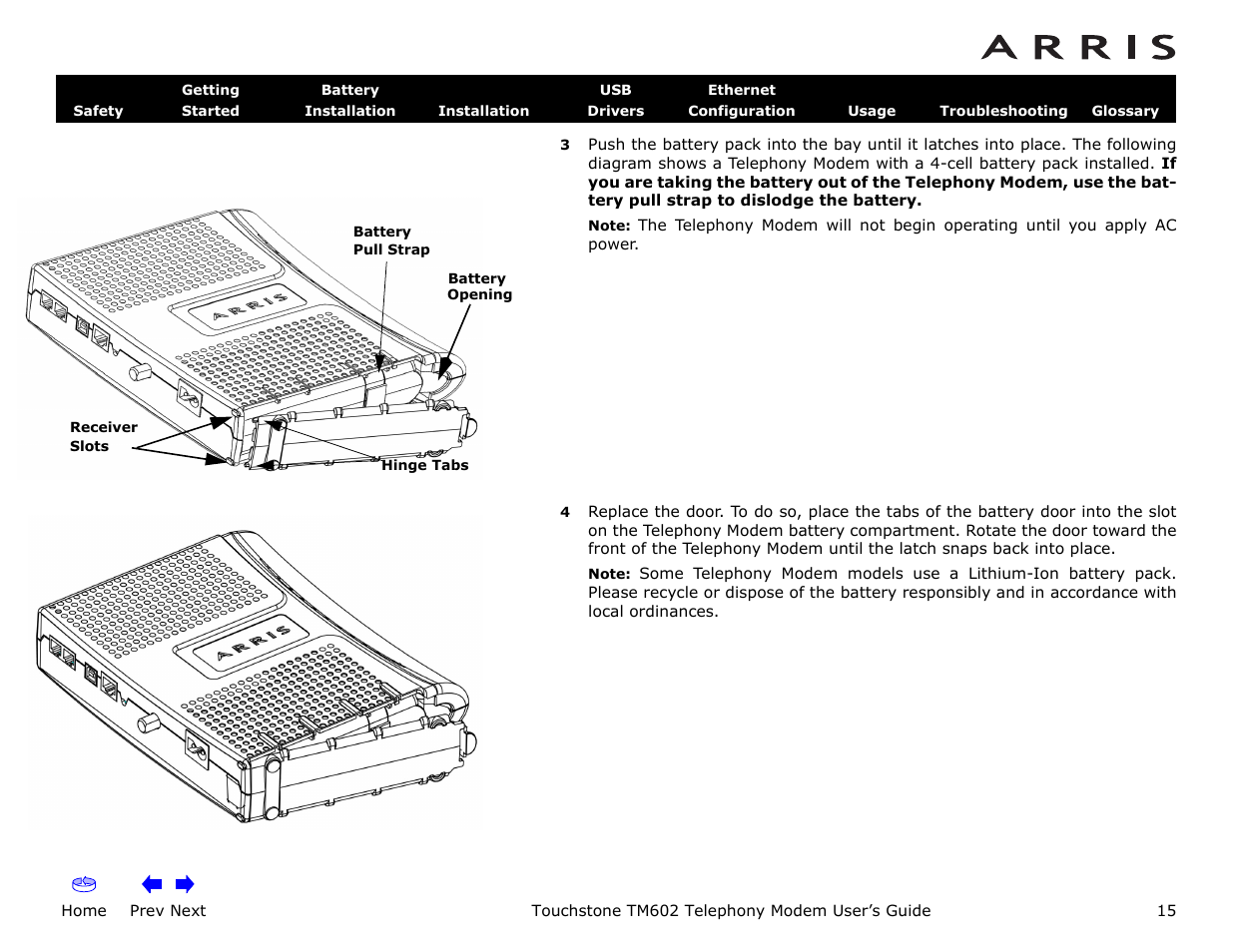 Home, Prev next, Touchstone tm602 telephony modem user’s guide | ARRIS TM602 User Guide User Manual | Page 15 / 74