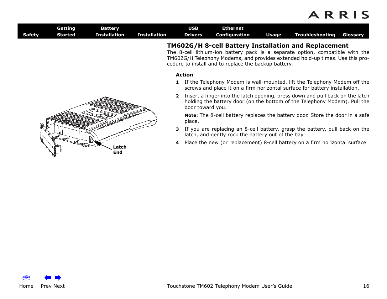 Home, Prev next, Touchstone tm602 telephony modem user’s guide | ARRIS TM602 User Guide User Manual | Page 16 / 74