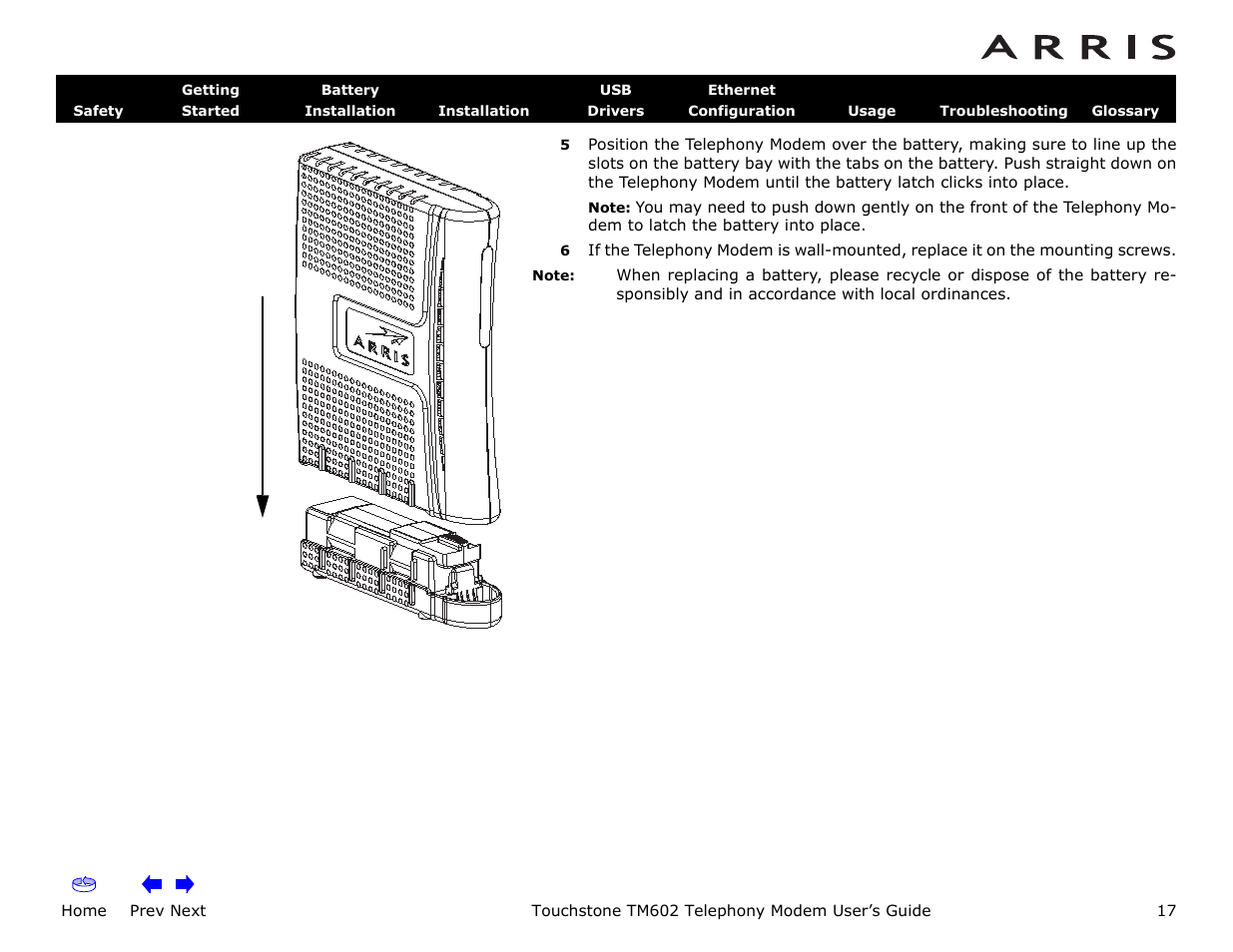 Home, Prev next, Touchstone tm602 telephony modem user’s guide | ARRIS TM602 User Guide User Manual | Page 17 / 74