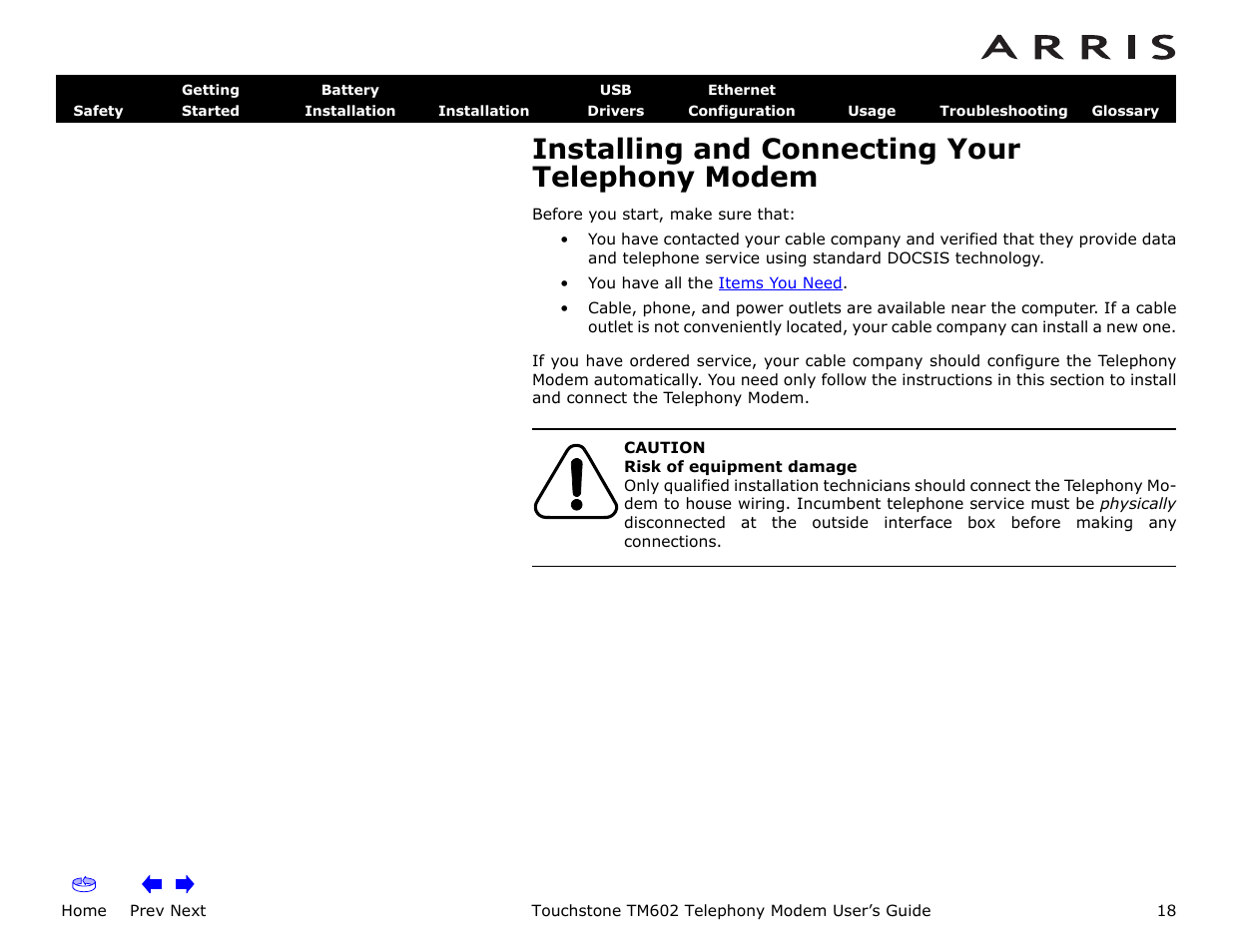Installing and connecting your telephony modem, Home, Prev next | Touchstone tm602 telephony modem user’s guide | ARRIS TM602 User Guide User Manual | Page 18 / 74