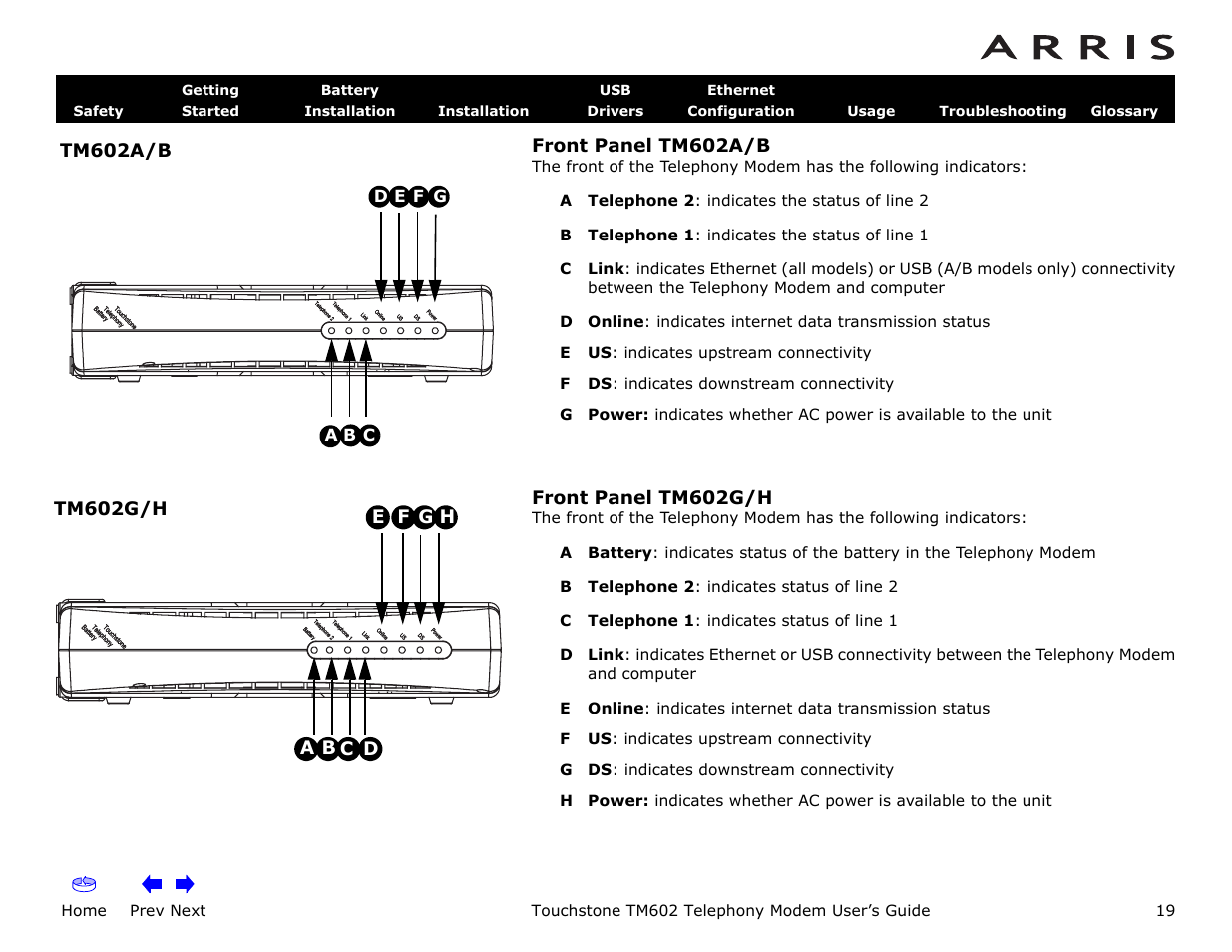 Front panel tm602a/b, Front panel tm602g/h, Home | Prev next, Touchstone tm602 telephony modem user’s guide | ARRIS TM602 User Guide User Manual | Page 19 / 74