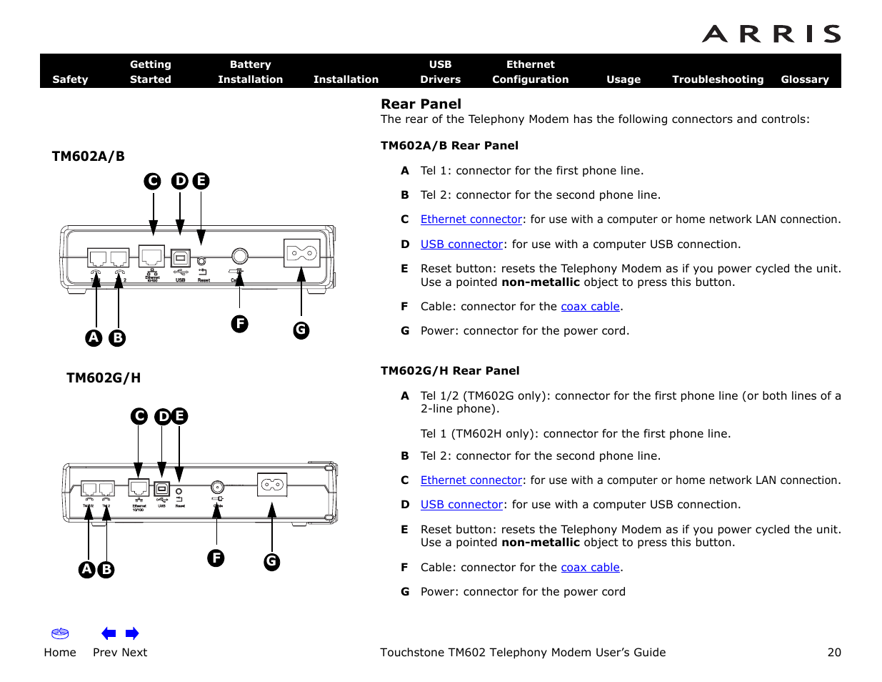 Rear panel, Home, Prev next | Touchstone tm602 telephony modem user’s guide | ARRIS TM602 User Guide User Manual | Page 20 / 74