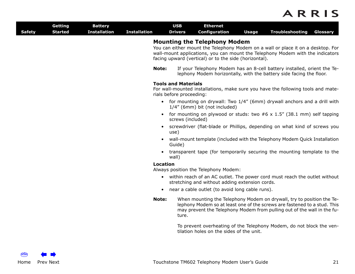 Mounting the telephony modem, Home, Prev next | Touchstone tm602 telephony modem user’s guide | ARRIS TM602 User Guide User Manual | Page 21 / 74