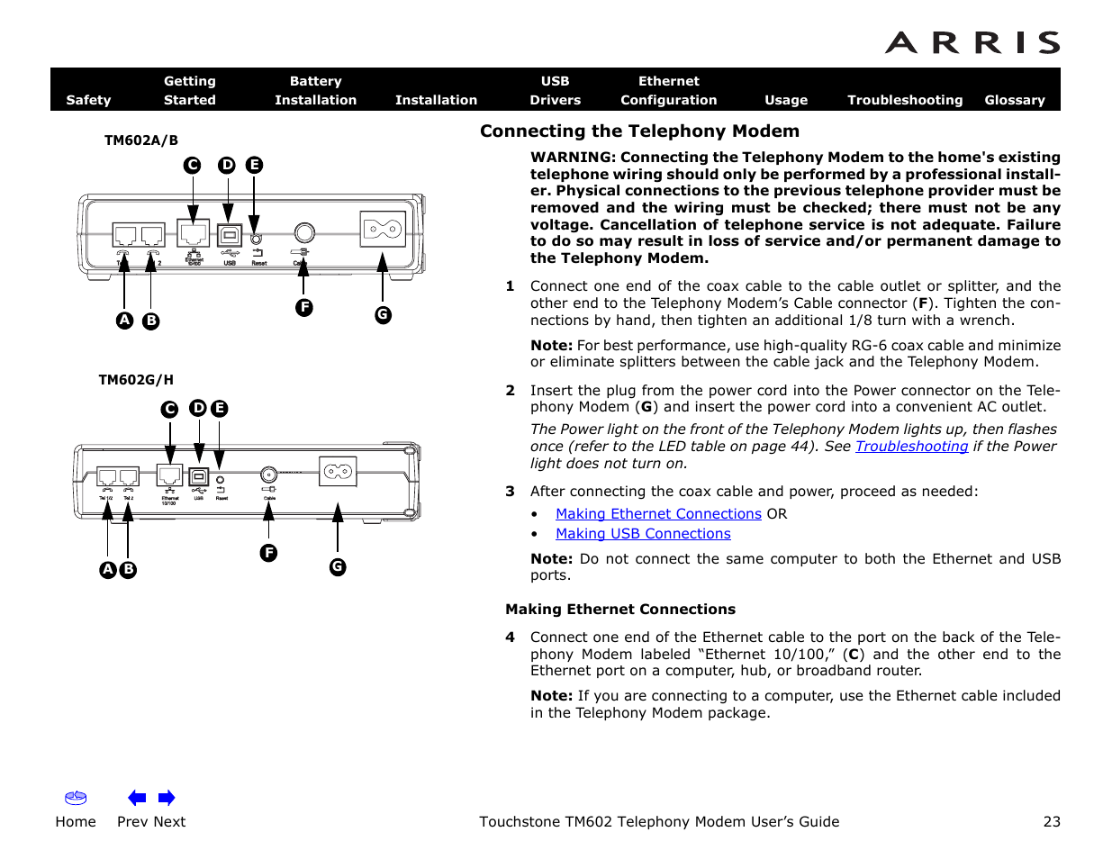 Connecting the telephony modem, Home, Prev next | Touchstone tm602 telephony modem user’s guide | ARRIS TM602 User Guide User Manual | Page 23 / 74