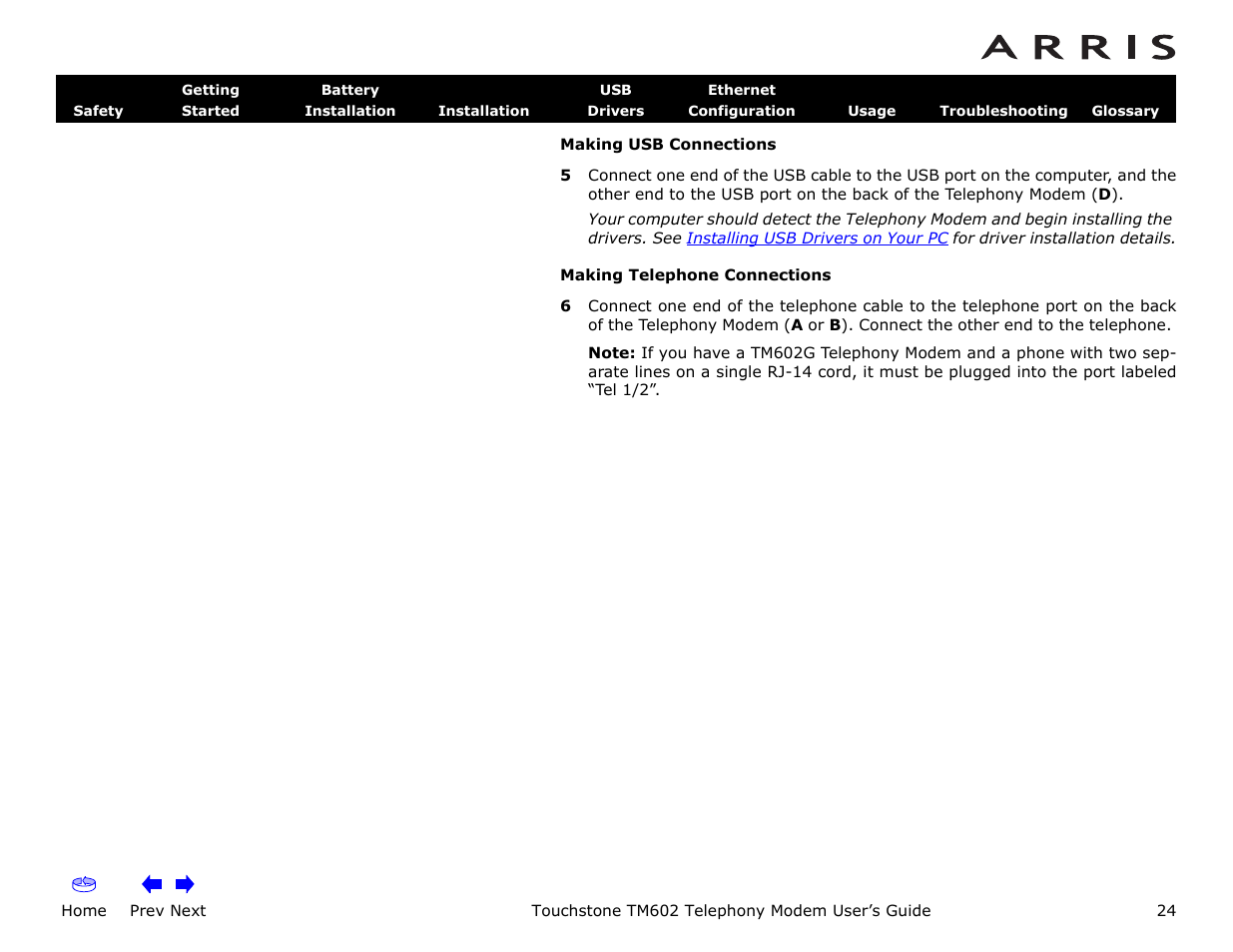 Home, Prev next, Touchstone tm602 telephony modem user’s guide | ARRIS TM602 User Guide User Manual | Page 24 / 74