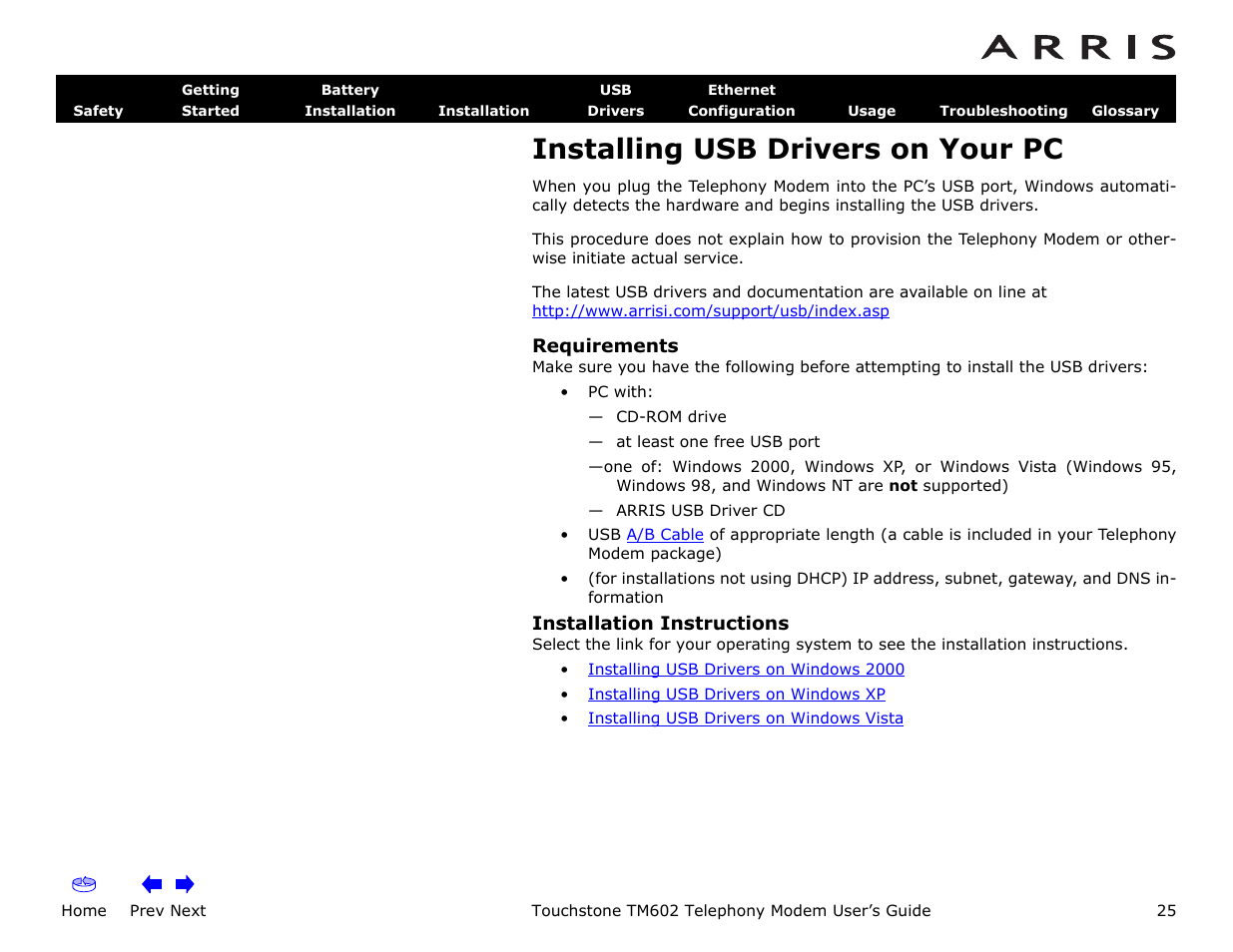 Installing usb drivers on your pc, Requirements, Installation instructions | Drivers, Home, Prev next, Touchstone tm602 telephony modem user’s guide | ARRIS TM602 User Guide User Manual | Page 25 / 74