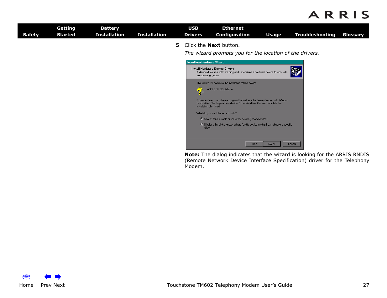 Home, Prev next, Touchstone tm602 telephony modem user’s guide | ARRIS TM602 User Guide User Manual | Page 27 / 74