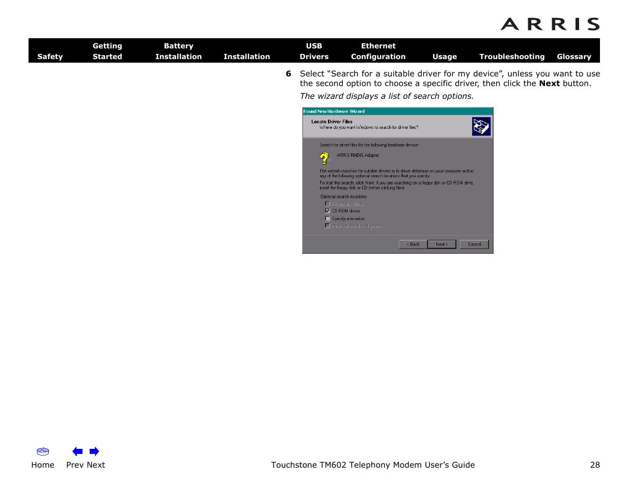 Home, Prev next, Touchstone tm602 telephony modem user’s guide | ARRIS TM602 User Guide User Manual | Page 28 / 74