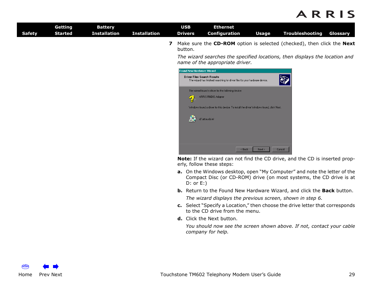 Home, Prev next, Touchstone tm602 telephony modem user’s guide | ARRIS TM602 User Guide User Manual | Page 29 / 74