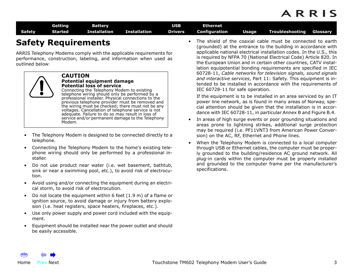 Safety requirements | ARRIS TM602 User Guide User Manual | Page 3 / 74