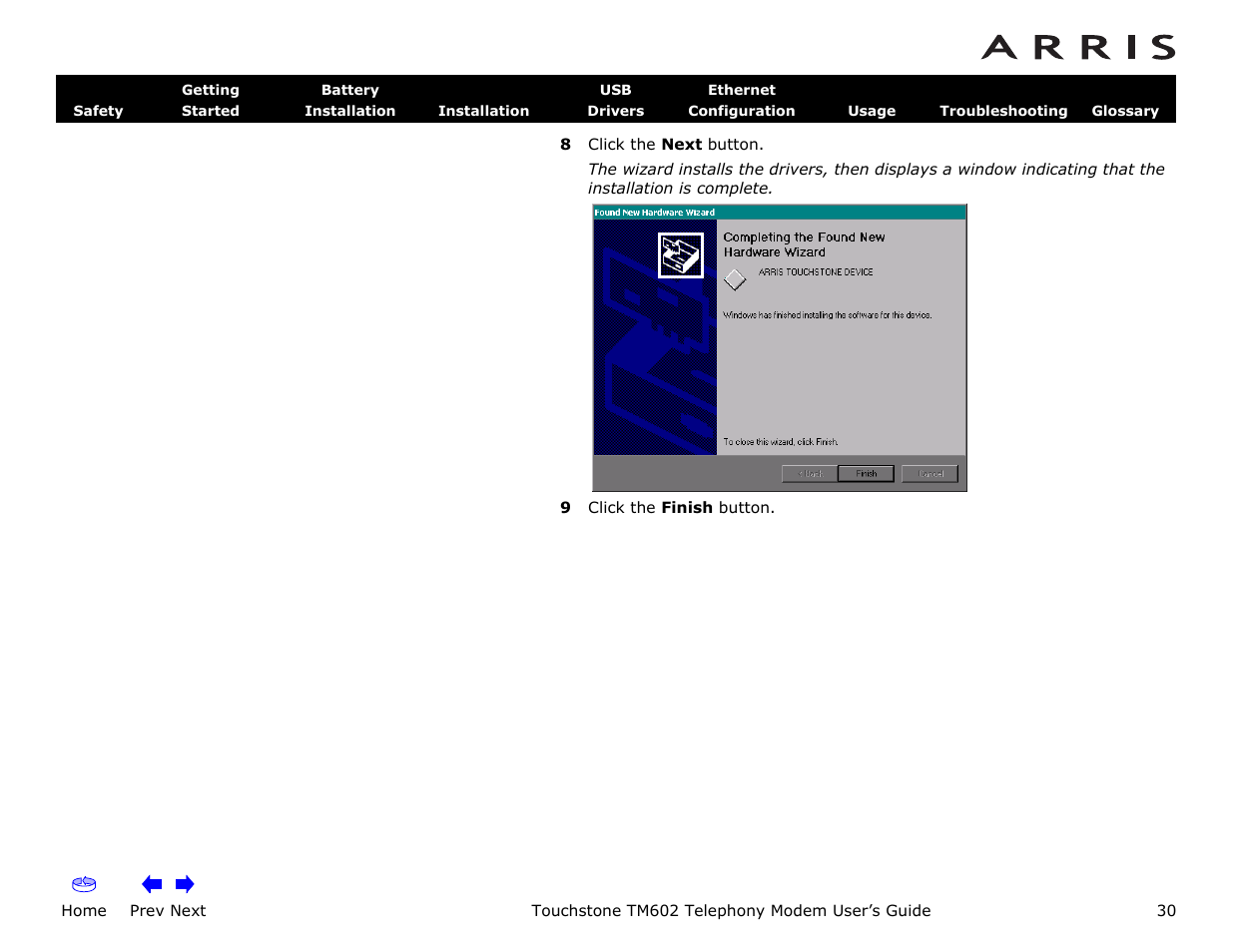 Home, Prev next, Touchstone tm602 telephony modem user’s guide | ARRIS TM602 User Guide User Manual | Page 30 / 74