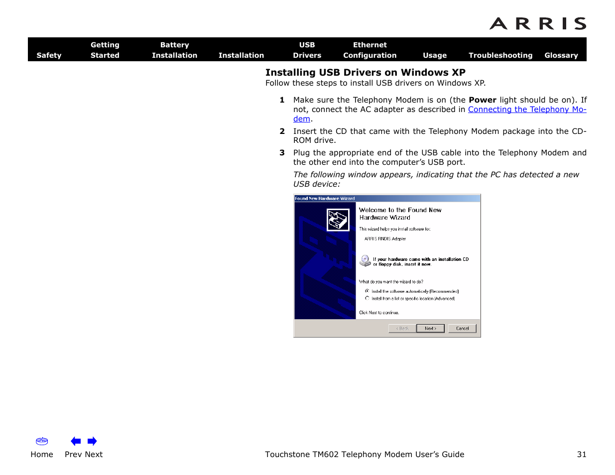 Installing usb drivers on windows xp, Home, Prev next | Touchstone tm602 telephony modem user’s guide | ARRIS TM602 User Guide User Manual | Page 31 / 74