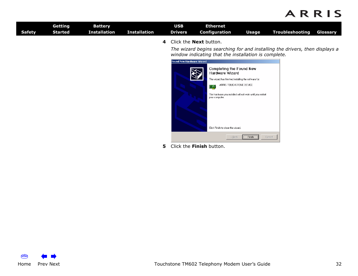 Home, Prev next, Touchstone tm602 telephony modem user’s guide | ARRIS TM602 User Guide User Manual | Page 32 / 74