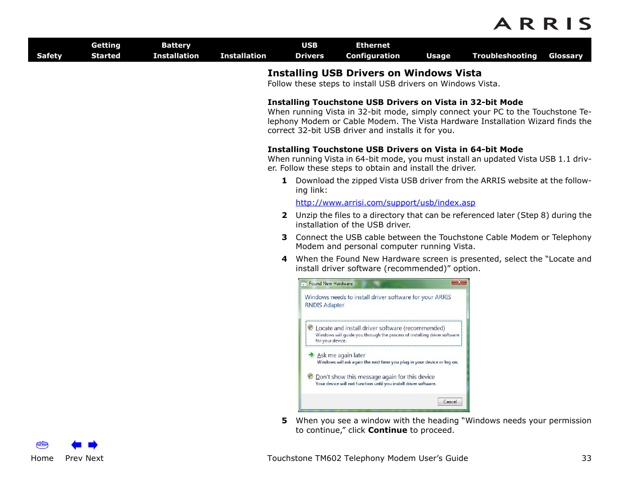 Installing usb drivers on windows vista, Home, Prev next | Touchstone tm602 telephony modem user’s guide | ARRIS TM602 User Guide User Manual | Page 33 / 74