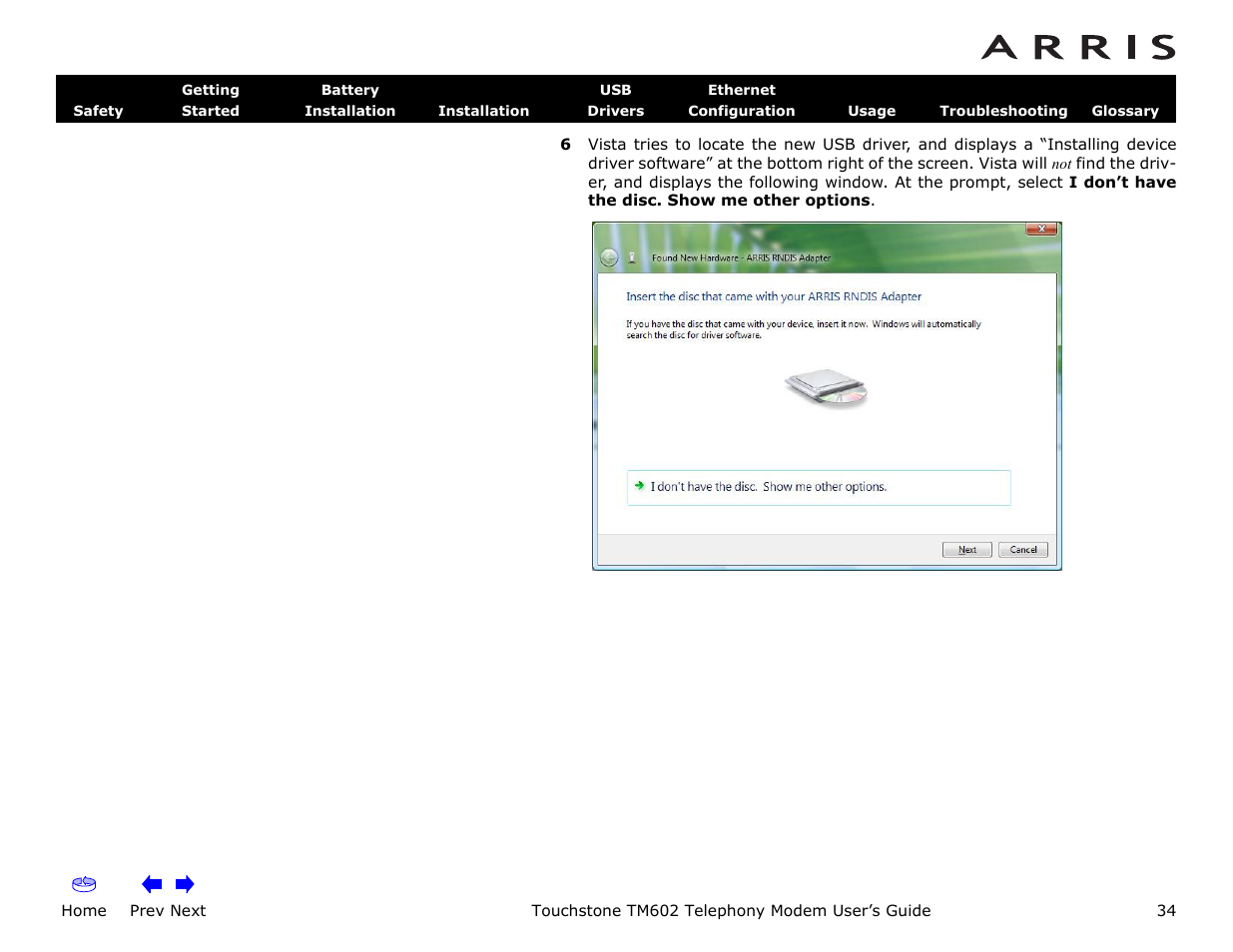 Home, Prev next, Touchstone tm602 telephony modem user’s guide | ARRIS TM602 User Guide User Manual | Page 34 / 74