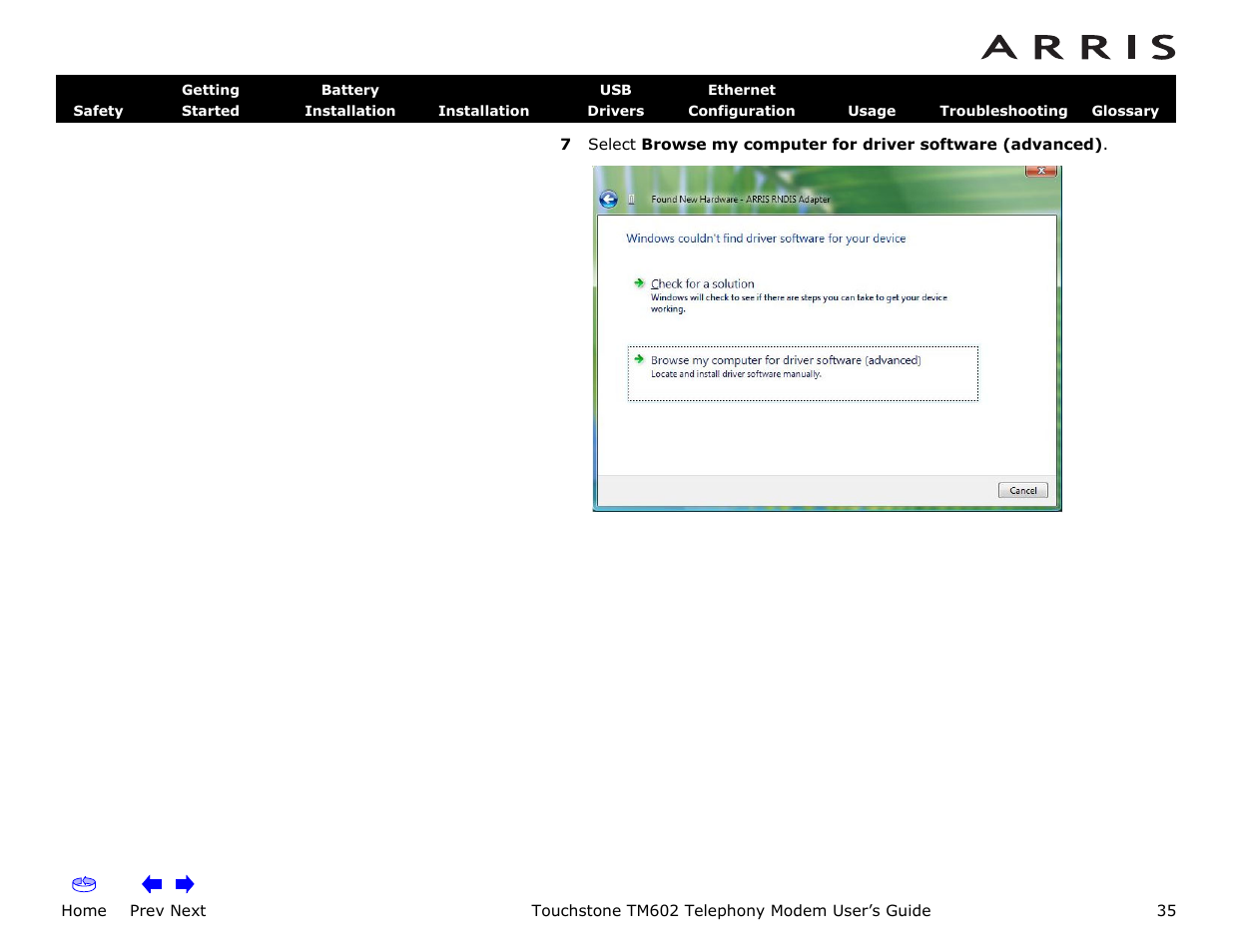 Home, Prev next, Touchstone tm602 telephony modem user’s guide | ARRIS TM602 User Guide User Manual | Page 35 / 74