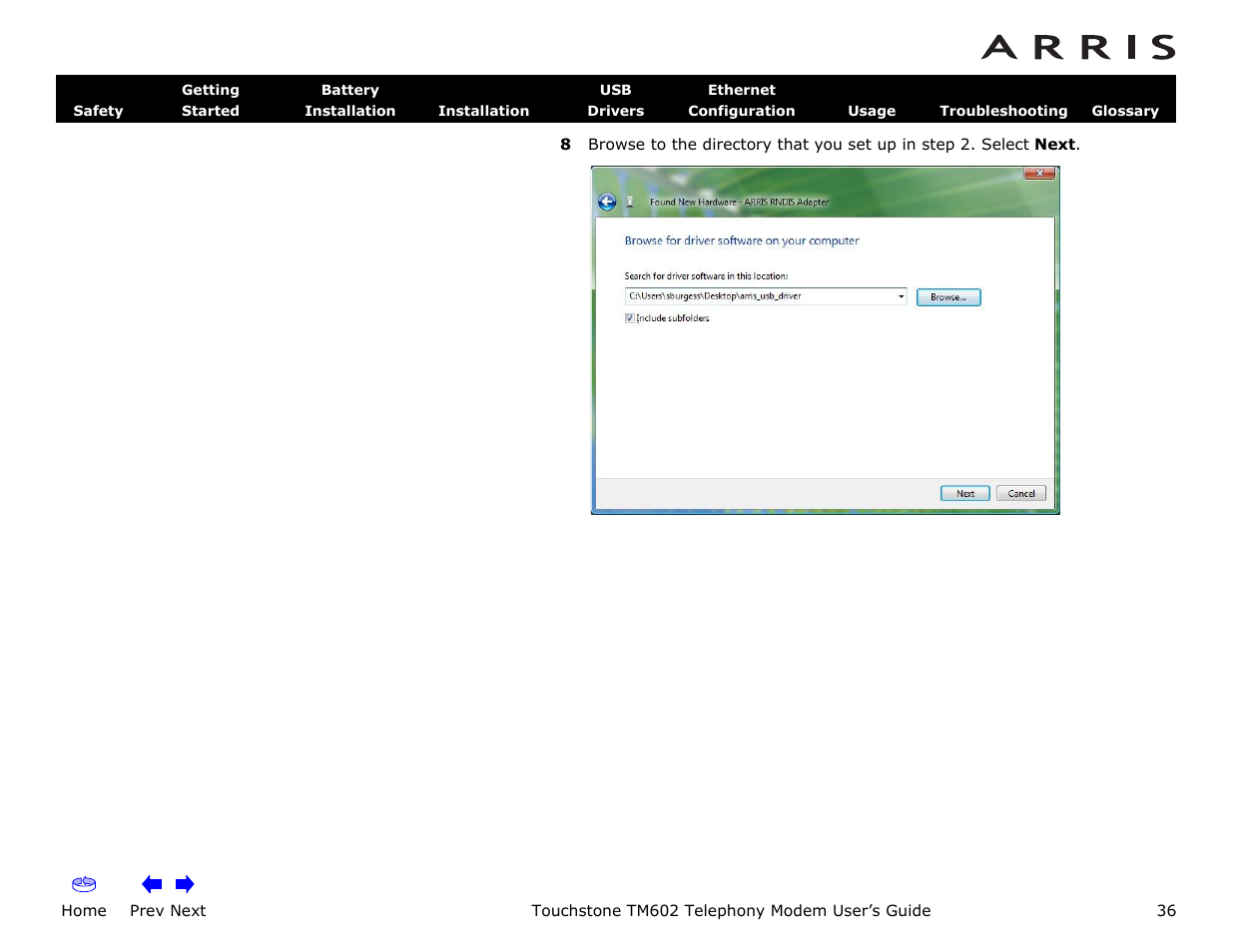 Home, Prev next, Touchstone tm602 telephony modem user’s guide | ARRIS TM602 User Guide User Manual | Page 36 / 74