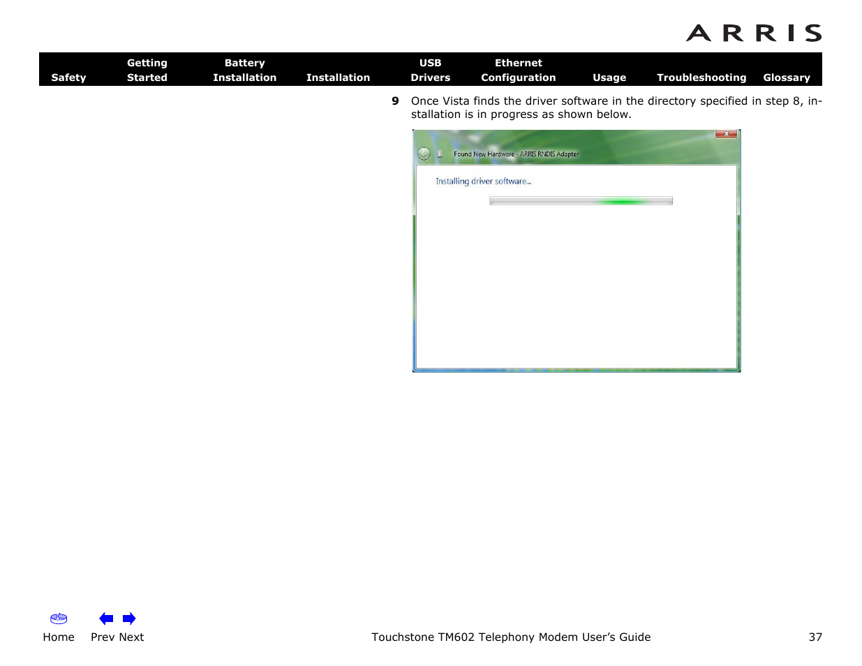Home, Prev next, Touchstone tm602 telephony modem user’s guide | ARRIS TM602 User Guide User Manual | Page 37 / 74