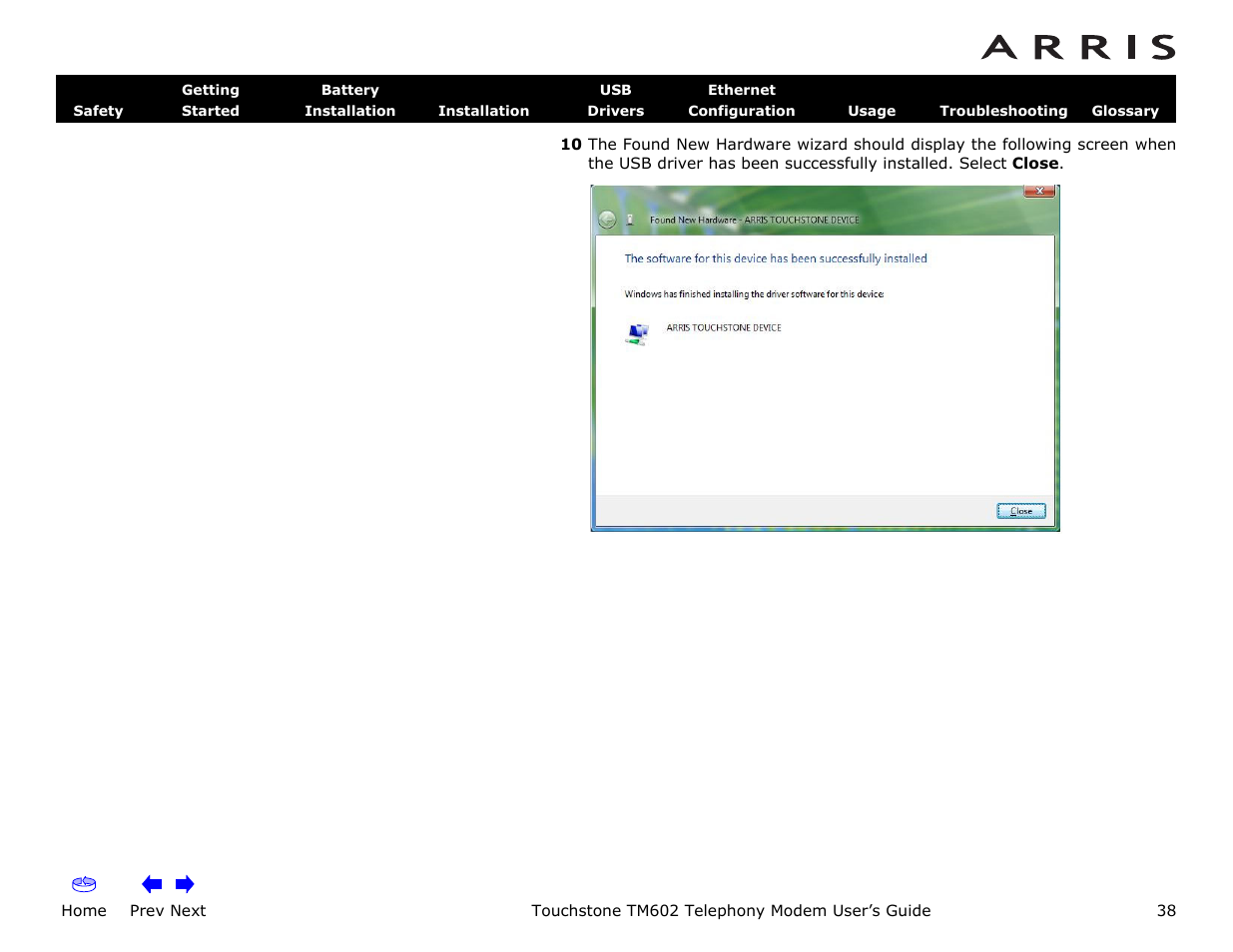 Home, Prev next, Touchstone tm602 telephony modem user’s guide | ARRIS TM602 User Guide User Manual | Page 38 / 74