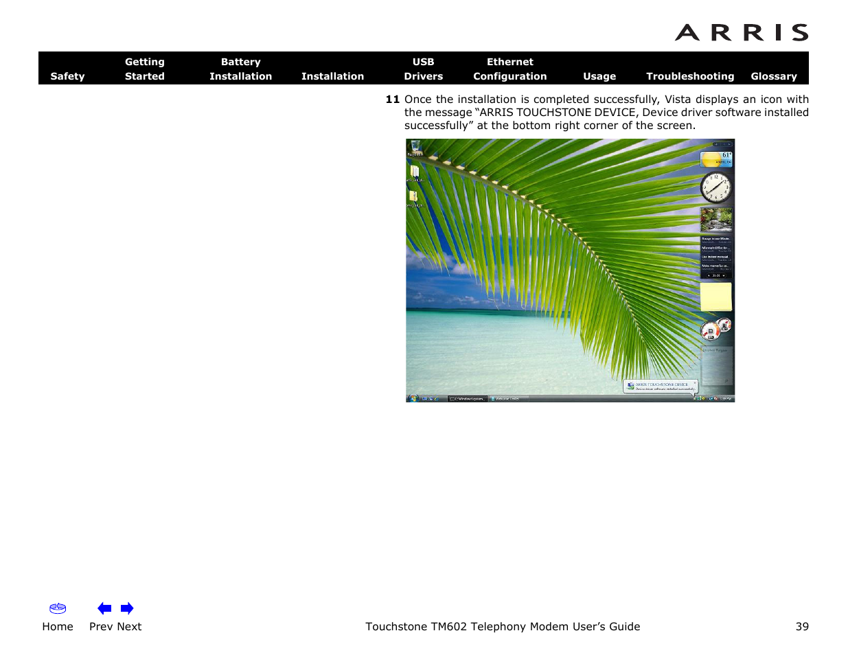 Home, Prev next, Touchstone tm602 telephony modem user’s guide | ARRIS TM602 User Guide User Manual | Page 39 / 74
