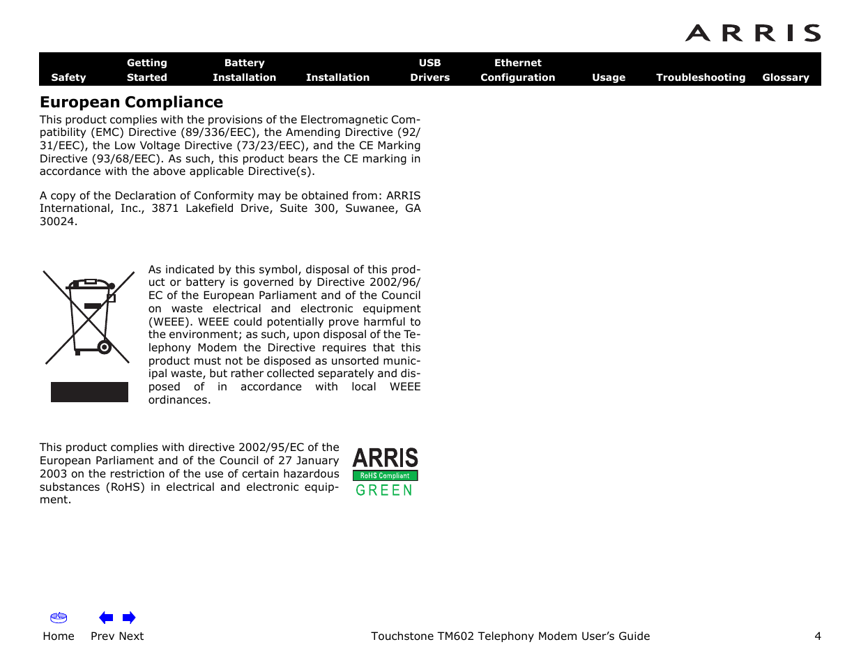 European compliance, Home | ARRIS TM602 User Guide User Manual | Page 4 / 74