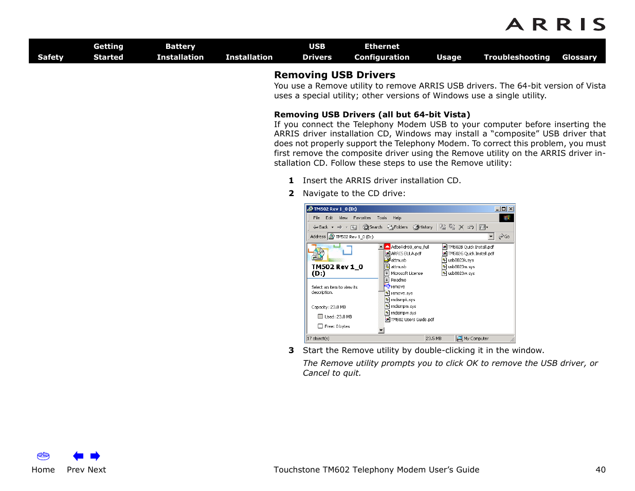Removing usb drivers, Home, Prev next | Touchstone tm602 telephony modem user’s guide | ARRIS TM602 User Guide User Manual | Page 40 / 74