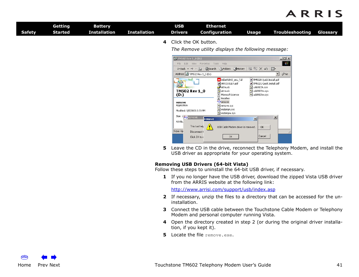 Home, Prev next, Touchstone tm602 telephony modem user’s guide | ARRIS TM602 User Guide User Manual | Page 41 / 74