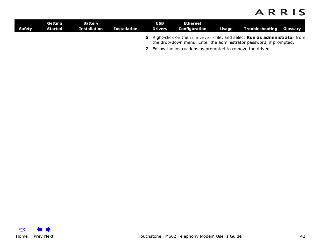 Home, Prev next, Touchstone tm602 telephony modem user’s guide | ARRIS TM602 User Guide User Manual | Page 42 / 74