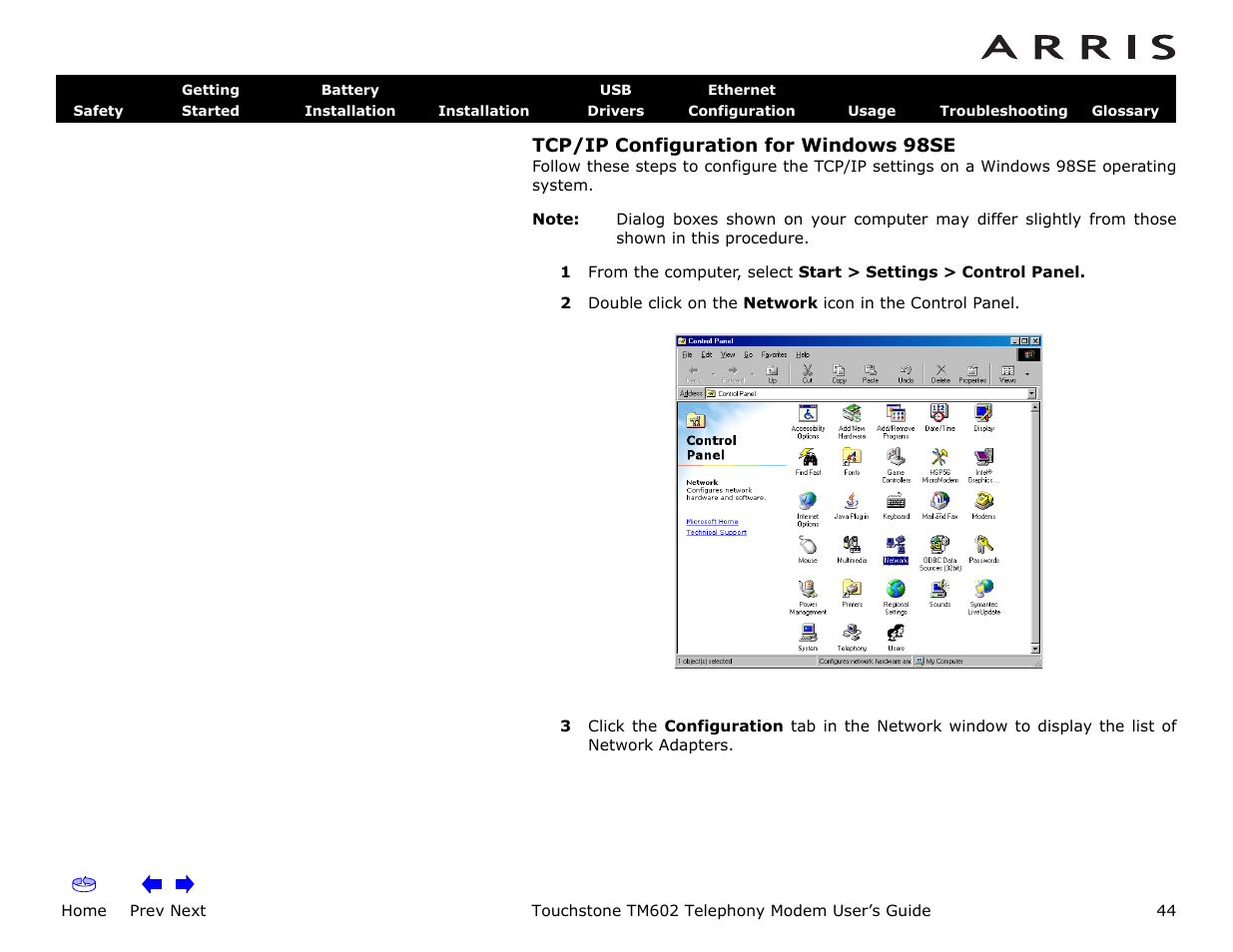 Tcp/ip configuration for windows 98se, Home, Prev next | Touchstone tm602 telephony modem user’s guide | ARRIS TM602 User Guide User Manual | Page 44 / 74