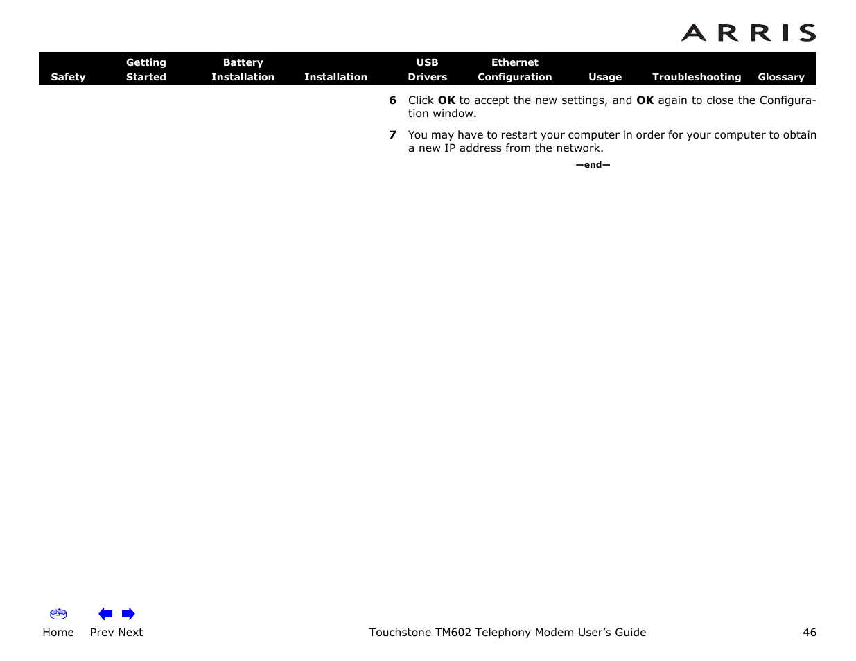 Home, Prev next, Touchstone tm602 telephony modem user’s guide | ARRIS TM602 User Guide User Manual | Page 46 / 74
