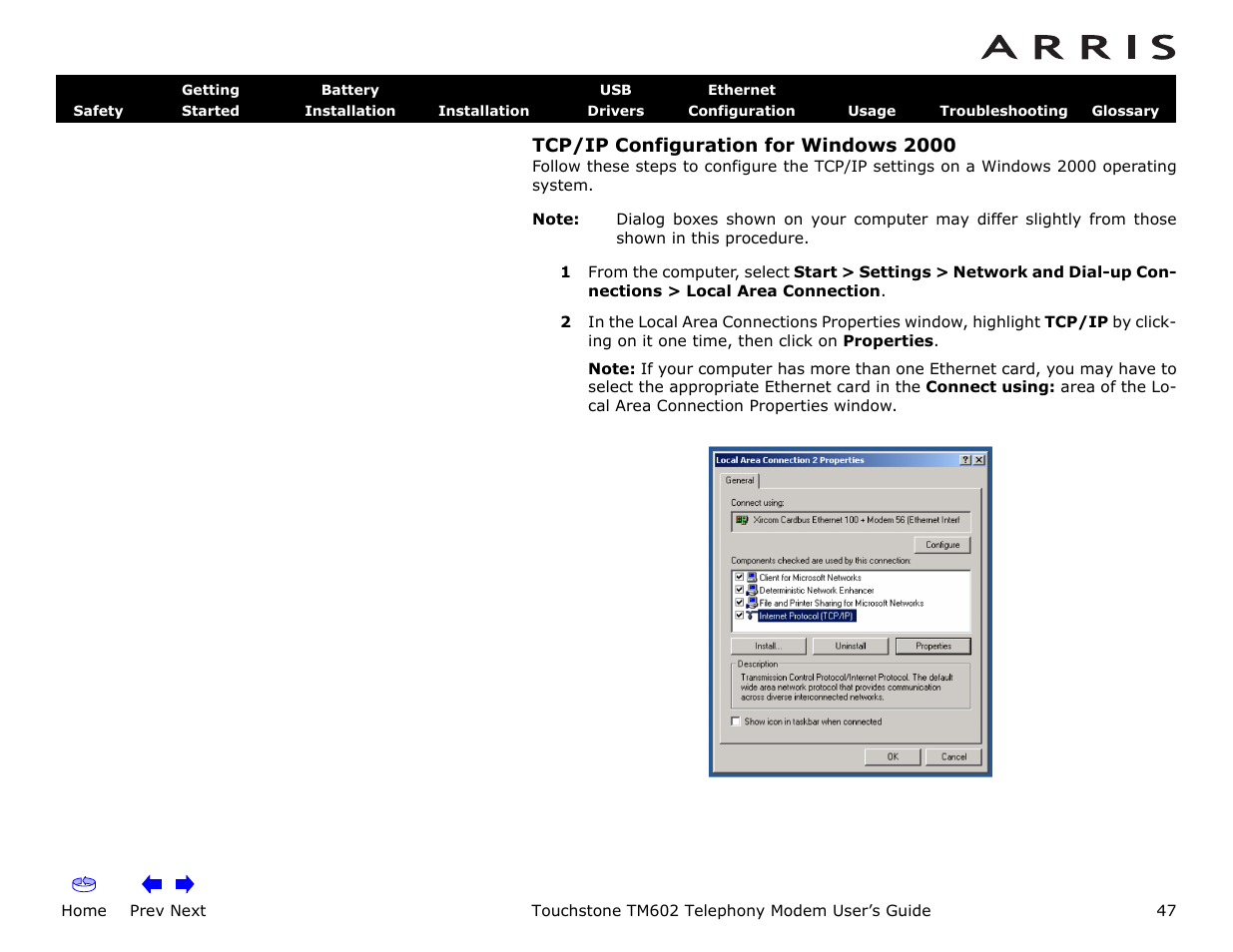 Tcp/ip configuration for windows 2000, Home, Prev next | Touchstone tm602 telephony modem user’s guide | ARRIS TM602 User Guide User Manual | Page 47 / 74