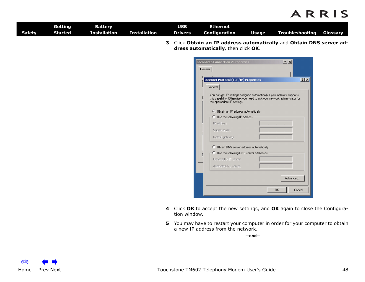 Home, Prev next, Touchstone tm602 telephony modem user’s guide | ARRIS TM602 User Guide User Manual | Page 48 / 74