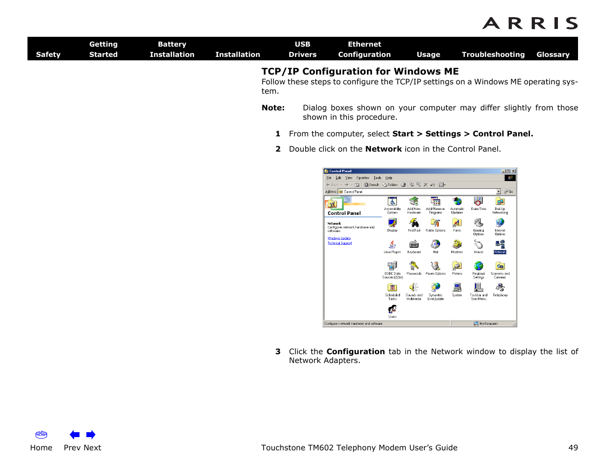 Tcp/ip configuration for windows me, Home, Prev next | Touchstone tm602 telephony modem user’s guide | ARRIS TM602 User Guide User Manual | Page 49 / 74