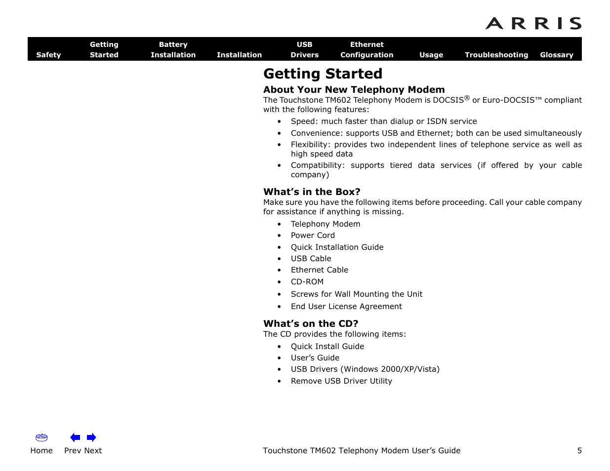 Getting started, About your new telephony modem, What’s in the box | What’s on the cd, Arted, Home, Prev next, Touchstone tm602 telephony modem user’s guide | ARRIS TM602 User Guide User Manual | Page 5 / 74