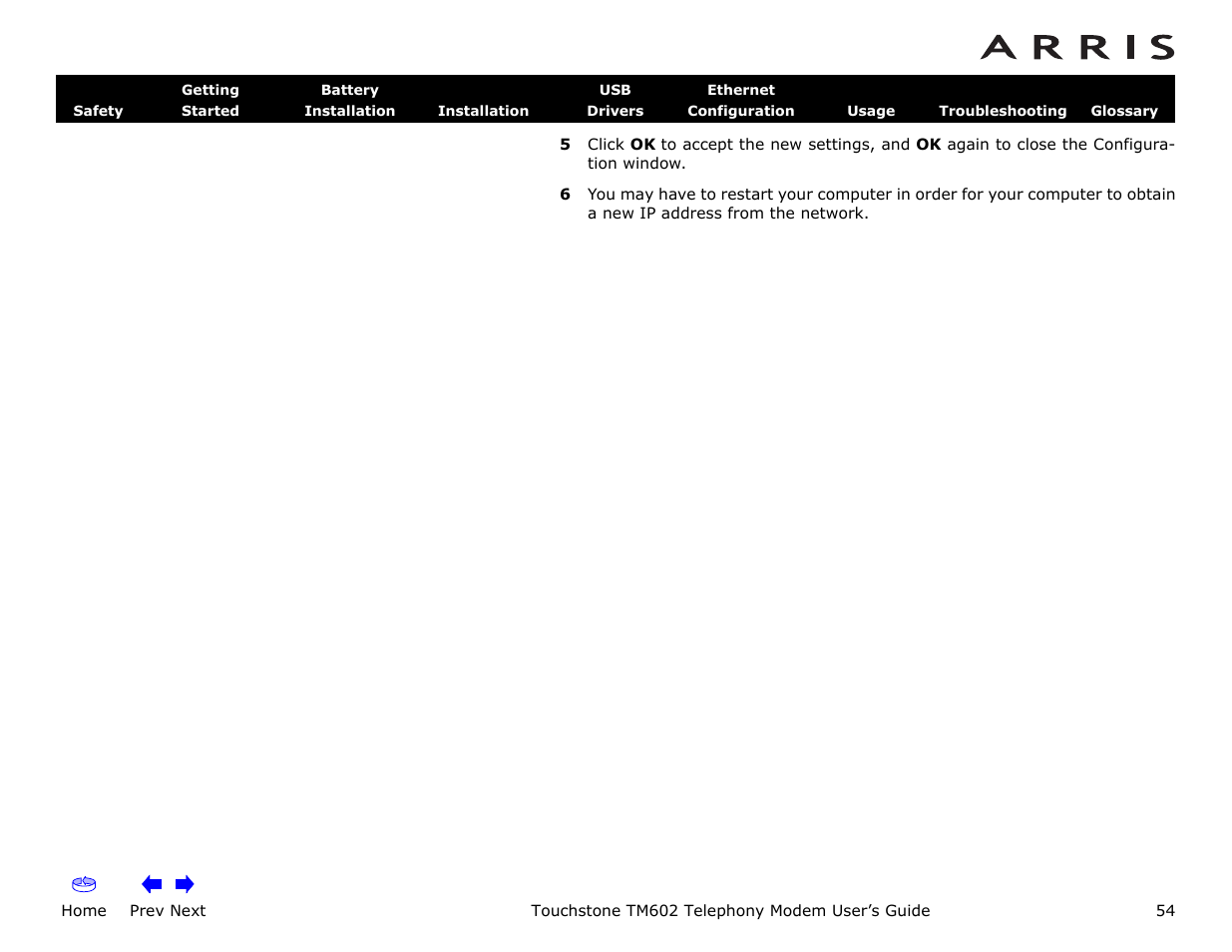 Home, Prev next, Touchstone tm602 telephony modem user’s guide | ARRIS TM602 User Guide User Manual | Page 54 / 74